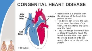 CONGENITAL HEART DISEASE
 Heart defect is a problem with
the structure of the heart. It is
present at birth.
 The defects can involve the walls
of the heart, the valves of the
heart, and the arteries and veins
near the heart.
 They can disrupt the normal flow
of blood through the heart. The
blood flow can slow down, go in
the wrong direction or to the
wrong place, or be blocked com
pletely.
 