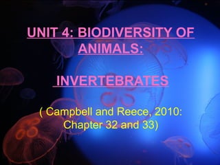 UNIT 4: BIODIVERSITY OF
ANIMALS:
INVERTEBRATES
( Campbell and Reece, 2010:
Chapter 32 and 33)
 