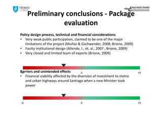 Preliminary conclusions ‐ Package 
                evaluation
Policy design process, technical and financial considerations
• Very weak public participation, claimed to be one of the major 
   limitations of the project (Muñoz & Gschwender, 2008; Brione, 2009)
• Faulty institutional design (Allende, I., et. al., 2007 ; Brione, 2009)
• Very closed and limited team of experts (Brione, 2009)



Barriers and unintended effects 
 -5                                     0                                   +5
• Financial viability affected by the diversion of investment to metro 
    and urban highways around Santiago when a new Minister took 
    power



-5                                     0                                    +5
 