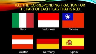 TELL THE CORRESPONDING FRACTION FOR
THE PART OF EACH FLAG THAT IS RED.
Italy Indonesia Taiwan
Austria Germany Spain
 