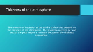 Thickness of the atmosphere
The intensity of insolation at the earth’s surface also depends on
the thickness of the atmosphere. The insolation received per unit
area at the polar region is minimum because of the thickness
atmosphere.
 