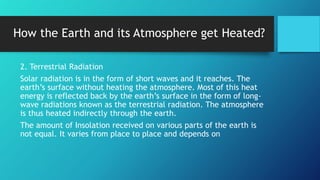 2. Terrestrial Radiation
Solar radiation is in the form of short waves and it reaches. The
earth’s surface without heating the atmosphere. Most of this heat
energy is reflected back by the earth’s surface in the form of long-
wave radiations known as the terrestrial radiation. The atmosphere
is thus heated indirectly through the earth.
The amount of Insolation received on various parts of the earth is
not equal. It varies from place to place and depends on
How the Earth and its Atmosphere get Heated?
 