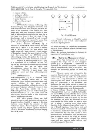 Vedhavarshini .R et al Int. Journal of Engineering Research and Applications
ISSN : 2248-9622, Vol. 3, Issue 6, Nov-Dec 2013, pp.2013-2016







receiver collision
ambiguous collision
limited transmission power
partial dropping
false misbehavior report
collusion
TWOACK [9] is to detect misbehaving links
by acknowledging every data packet transmitted over
each three consecutive nodes along the path from the
source to the destination. Upon retrieval of a data
packet, each node along the route is required to send
back an acknowledgement packet to the node that is
two hops away from it down the route. It has
disadvantages such as unwanted network overhead
due to acknowledgement required by every data
packet sent and it degrade network performance.
S-ACK (Selective TWOACK) [9], a
derivative of the TWOACK scheme, reduces this extra
traffic due to TWOACK. In this, instead of sending
back a TWOACK packet every time when a data
packet is received, a node waits until a certain number
of data packets (through the same triplet) arrive. The
node then sends back one TWOACK packet
acknowledging multiple data packets that have been
received so far. It also suffers from network overhead.
Adaptive ACKnowledgement (AACK) [10]
is a combination of an Enhanced-TWOACK (ETWOACK), which detects misbehaving node instead
of misbehaving link and an end-to end
acknowledgment scheme, to reduce the routing
overhead of TWOACK. It can’t detect false
misbehavior report and forge acknowledgement
packets.
EAACK(Enhanced
Adaptive
ACKnowledgement) [11] is to overcome three
weakness of watchdog scheme such as false
misbehavior report, limited transmission power and
receiver
collision.
It
also
solves
forged
acknowledgement and false misbehavior report in the
above acknowledgement schemes. It consists of three
parts (i) Acknowledge (ACK) (ii) SecureACKnowledgement (S-ACK) (iii) Misbehavior Report
Authentication (MRA). ACK and S-ACK could not
able to detect malicious nodes, if false misbehavior
report is used by malicious node.
With MRA scheme, Manet can find
alternative route to reach destination node due to its
dynamic topology. EAACK is capable of detecting
malicious nodes despite the existence of false
misbehavior report. Acknowledgement should be
digitally signed using Digital Signature Algorithm
(DSA) to prevent the intermediate node from forging
the S-ACK packet.

www.ijera.com

S

A

www.ijera.com

B

C

X

D

Psad1
Psad1

Psak1
Psak1

Fig 1: EAACK Scheme
Network performance is affected by routing
overhead, due to use of both acknowledgement
packets and digital signatures.
It is solved by using Use a hybrid key management
scheme to further reduce the network overhead caused
by digital signature.
Adopt a key exchange mechanism to eliminate the
requirement of pre distributed keys.

VIII.

Hybrid Key Management Scheme

Hybrid key management is a mode of
encryption that merges two or more encryption
systems [12]. It incorporates a combination of
asymmetric and symmetric encryption [13] to benefit
from the strengths of each form of encryption. These
strengths are respectively defined as speed and
security.
Whenever a source wants to transmit the data
packets to the destination, it ensures that the source is
communicating with real node. The authentication
service uses a key management to retrieve the
extended public key, which is trusted by the third
party for identification of the destination. The
destination also used similar method to authenticate
the source. Through this, route with malicious node
can’t transmit their packets to the destination node.
In Energy Efficient Dynamic Key Management
Scheme (EEDK) [14] , it uses both Diffie-hellman key
pair and the RSA[15] secret public key pair to each of
all the group members in the network. Here, the trust
authority (TA) uses RSA secret public key pair and
also establishes the public key certificates to each
group member by signing public key with its secret
key. It adopts a proactive secret share update
algorithm. It also reduces routing overhead caused by
use of Digital Signatures. Here, Source node and
destination node both authenticate with a shared key
to transfer data packets between them. Only a node
with authenticated key can form a route to reach
destination node. An alternative route with malicious
node is deleted by use of this hybrid key scheme.
Thus, it reduces routing overhead from existing
system and also improves packet delivery ratio,
network throughput of the system.

2015 | P a g e

 