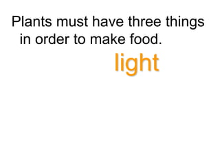Plants must have three things
 in order to make food.
               light
 