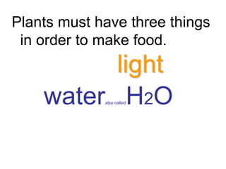 Plants must have three things
 in order to make food.
          light
    water H2Oalso called
 