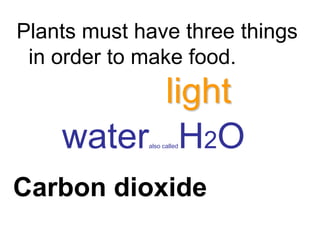 Plants must have three things
 in order to make food.
          light
    water H2Oalso called




Carbon dioxide
 