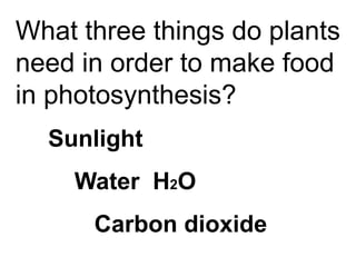 What three things do plants
need in order to make food
in photosynthesis?
  Sunlight
    Water H2O
      Carbon dioxide
 