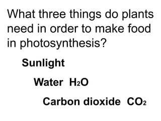 What three things do plants
need in order to make food
in photosynthesis?
  Sunlight
    Water H2O
      Carbon dioxide CO2
 
