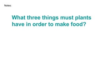 What three things must plants have in order to make food? Notes: 