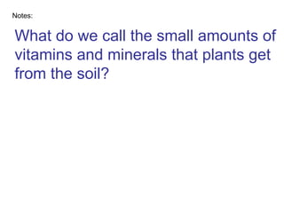 What do we call the small amounts of vitamins and minerals that plants get from the soil? Notes: 