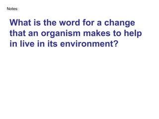 What is the word for a change that an organism makes to help in live in its environment? Notes: 