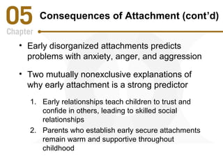 Consequences of Attachment (cont’d) 
• Early disorganized attachments predicts 
problems with anxiety, anger, and aggression 
• Two mutually nonexclusive explanations of 
why early attachment is a strong predictor 
1. Early relationships teach children to trust and 
confide in others, leading to skilled social 
relationships 
2. Parents who establish early secure attachments 
remain warm and supportive throughout 
childhood 
 
