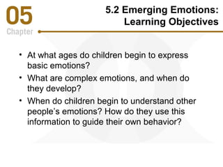 5.2 Emerging Emotions: 
Learning Objectives 
• At what ages do children begin to express 
basic emotions? 
• What are complex emotions, and when do 
they develop? 
• When do children begin to understand other 
people’s emotions? How do they use this 
information to guide their own behavior? 
 