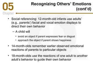 Recognizing Others’ Emotions 
(cont’d) 
• Social referencing: 12-month-old infants use adults’ 
(e.g., parents’) facial and vocal emotion displays to 
direct their own behavior 
– A child will 
• avoid an object if parent expresses fear or disgust 
• approach the object if parent shows happiness 
• 14-month-olds remember earlier observed emotional 
reactions of parents to particular objects 
• 18-month-olds use the reactions of one adult to another 
adult’s behavior to guide their own behavior 
 