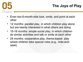 The Joys of Play 
• Even two 6-month-olds look, smile, and point at each 
other 
• 12 months: parallel play, in which children play alone 
but are keenly interested in what others are doing 
• 15-18 months: simple social play, in which children 
do similar activities and talk or smile at each other 
• 24 months: cooperative play, theme-based play 
where children take special roles (e.g., hide-and-seek) 
 