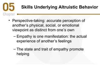 Skills Underlying Altruistic Behavior 
• Perspective-taking: accurate perception of 
another’s physical, social, or emotional 
viewpoint as distinct from one’s own 
– Empathy is one manifestation: the actual 
experience of another’s feelings 
– The state and trait of empathy promote 
helping 
 