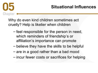 Situational Influences 
Why do even kind children sometimes act 
cruelly? Help is likelier when children 
– feel responsible for the person in need, 
which reminders of friendship’s or 
affiliation’s importance can promote 
– believe they have the skills to be helpful 
– are in a good rather than a bad mood 
– incur fewer costs or sacrifices for helping 
 
