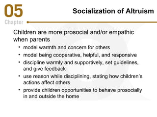 Socialization of Altruism 
Children are more prosocial and/or empathic 
when parents 
• model warmth and concern for others 
• model being cooperative, helpful, and responsive 
• discipline warmly and supportively, set guidelines, 
and give feedback 
• use reason while disciplining, stating how children’s 
actions affect others 
• provide children opportunities to behave prosocially 
in and outside the home 
 