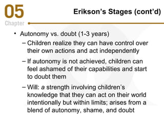 Erikson’s Stages (cont’d) 
• Autonomy vs. doubt (1-3 years) 
– Children realize they can have control over 
their own actions and act independently 
– If autonomy is not achieved, children can 
feel ashamed of their capabilities and start 
to doubt them 
– Will: a strength involving children’s 
knowledge that they can act on their world 
intentionally but within limits; arises from a 
blend of autonomy, shame, and doubt 
 