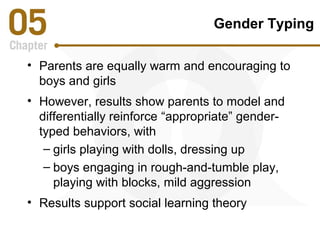 Gender Typing 
• Parents are equally warm and encouraging to 
boys and girls 
• However, results show parents to model and 
differentially reinforce “appropriate” gender-typed 
behaviors, with 
– girls playing with dolls, dressing up 
– boys engaging in rough-and-tumble play, 
playing with blocks, mild aggression 
• Results support social learning theory 
 