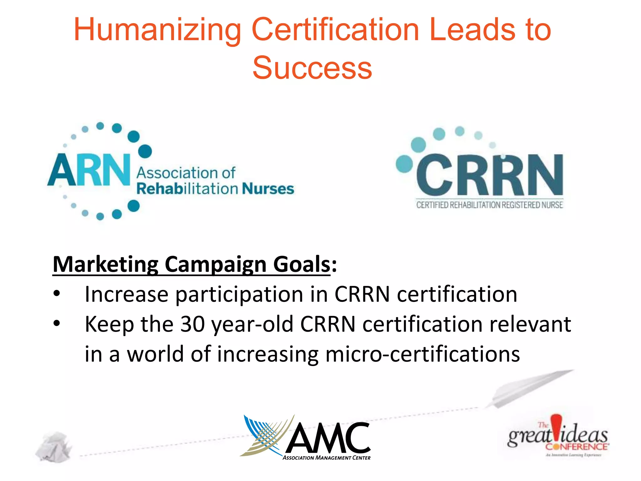 Humanizing Certification Leads to
Success

Marketing Campaign Goals:
• Increase participation in CRRN certification
• Keep the 30 year-old CRRN certification relevant
in a world of increasing micro-certifications

 