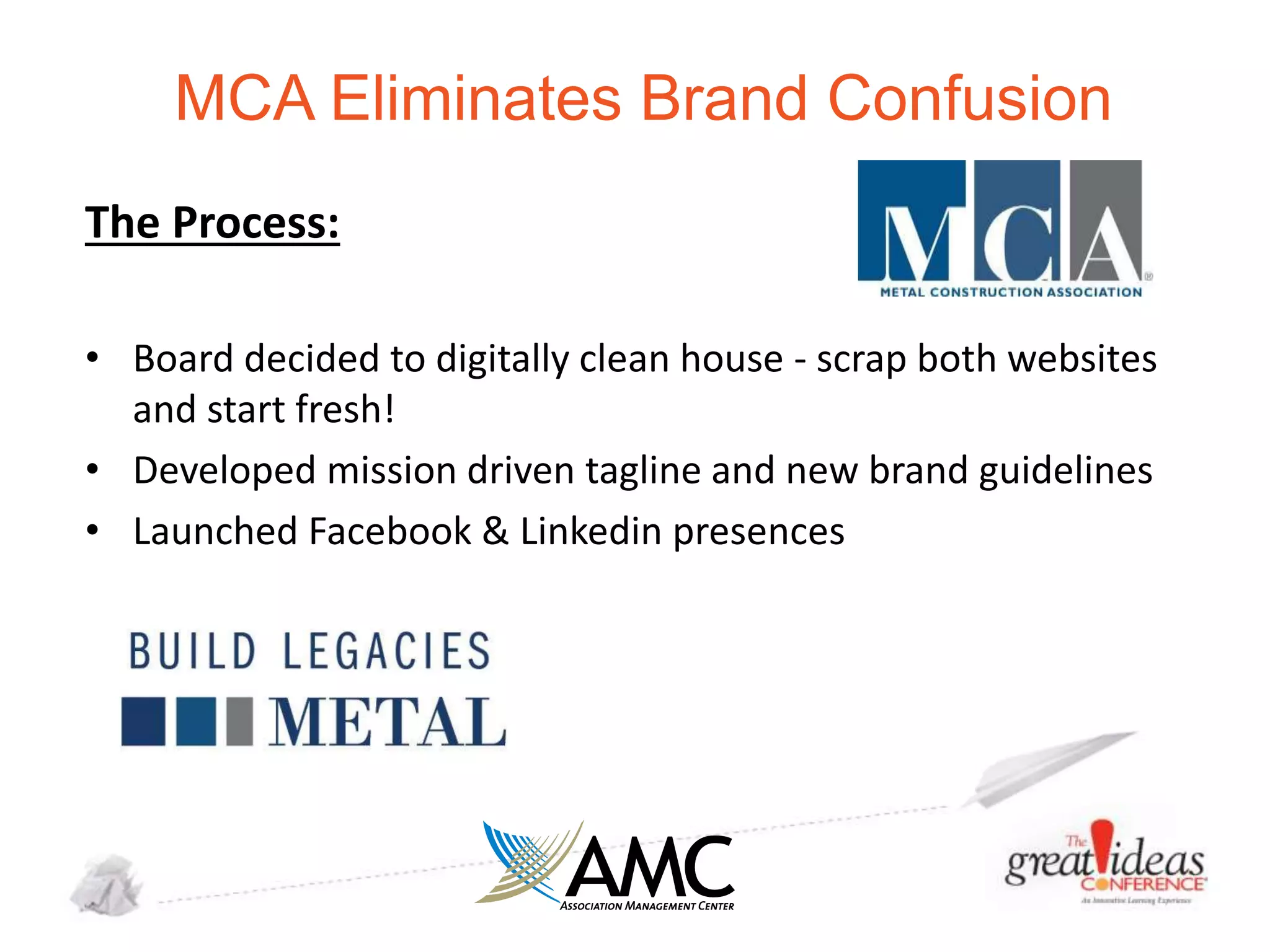 MCA Eliminates Brand Confusion
The Process:
• Board decided to digitally clean house - scrap both websites
and start fresh!
• Developed mission driven tagline and new brand guidelines
• Launched Facebook & Linkedin presences

 