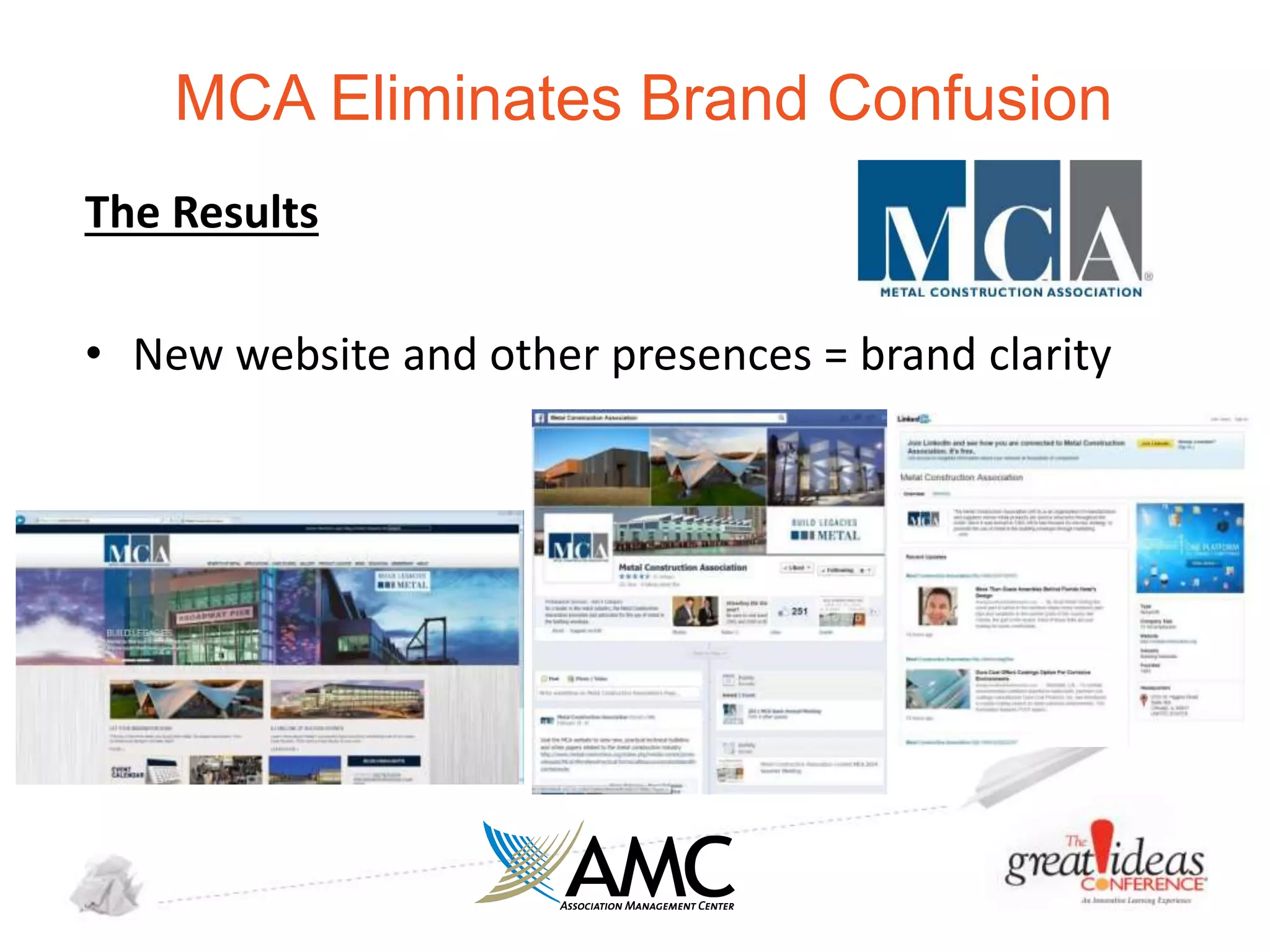 MCA Eliminates Brand Confusion
The Results
• New website and other presences = brand clarity

 