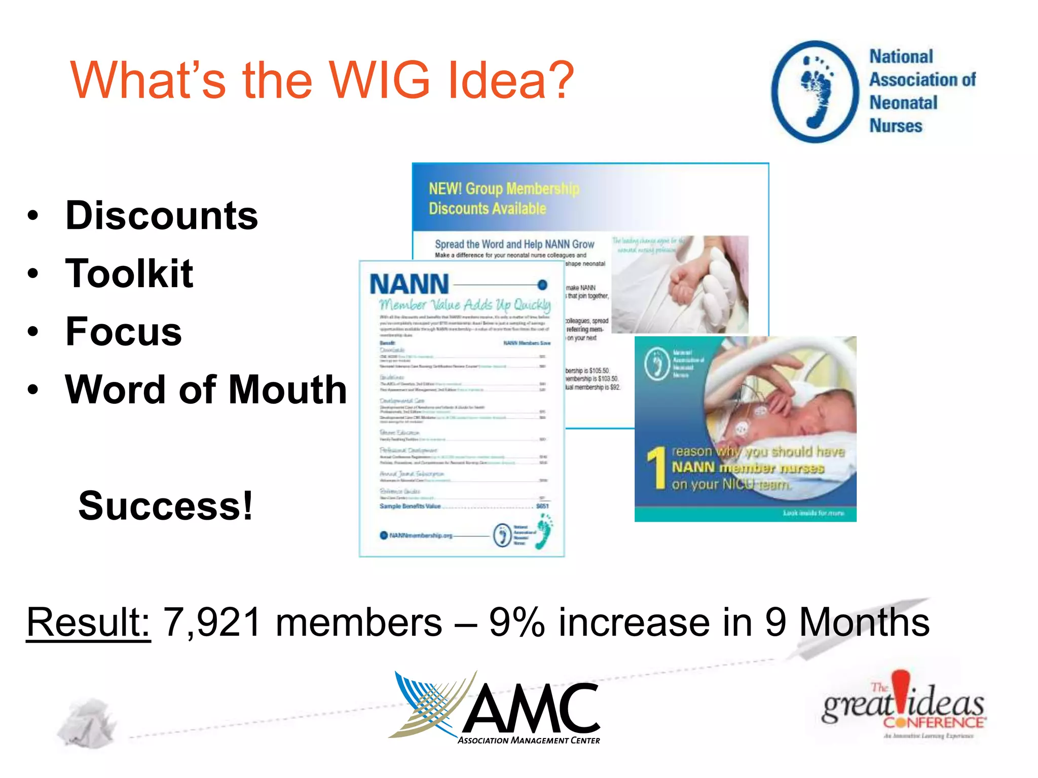 What’s the WIG Idea?
•
•
•
•

Discounts
Toolkit
Focus
Word of Mouth
Success!

Result: 7,921 members – 9% increase in 9 Months

 