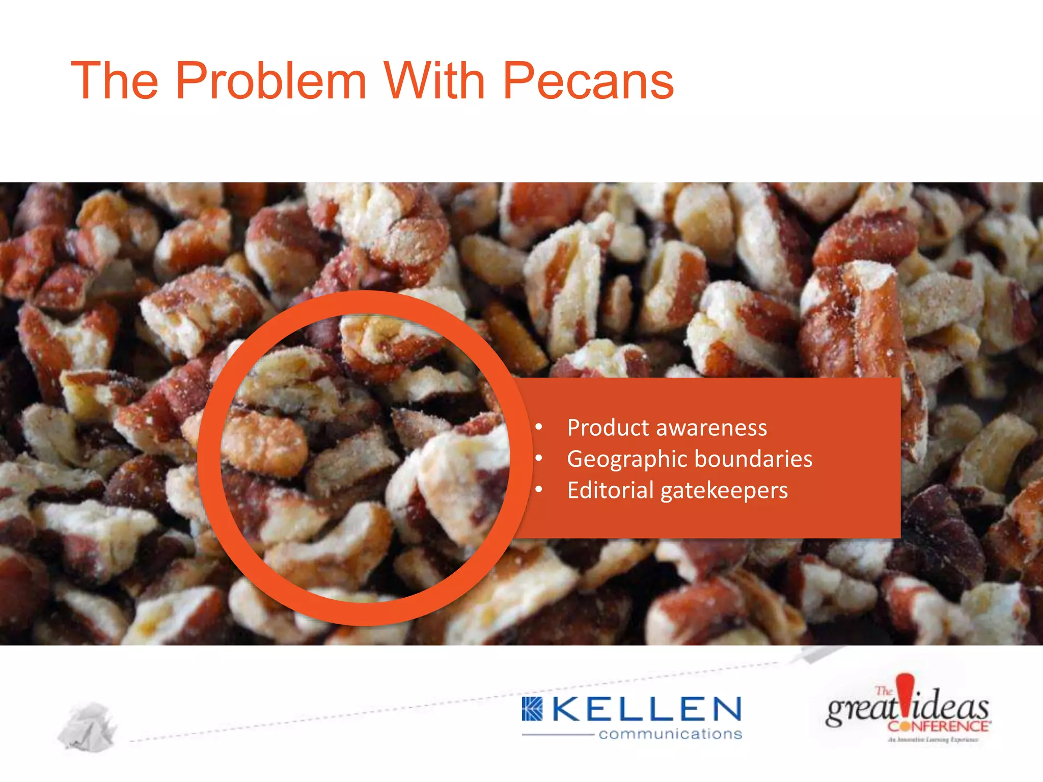 The Problem With Pecans

• Product awareness
• Geographic boundaries
• Editorial gatekeepers

 