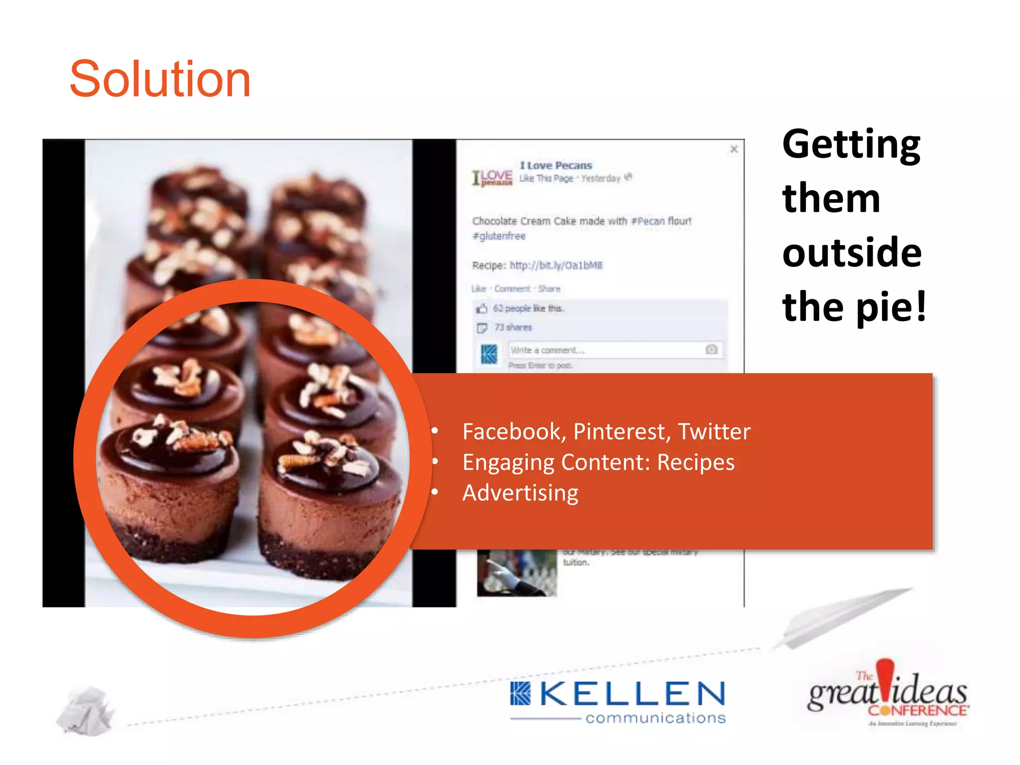 Solution
Getting
them
outside
the pie!
• Facebook, Pinterest, Twitter
• Engaging Content: Recipes
• Advertising

 