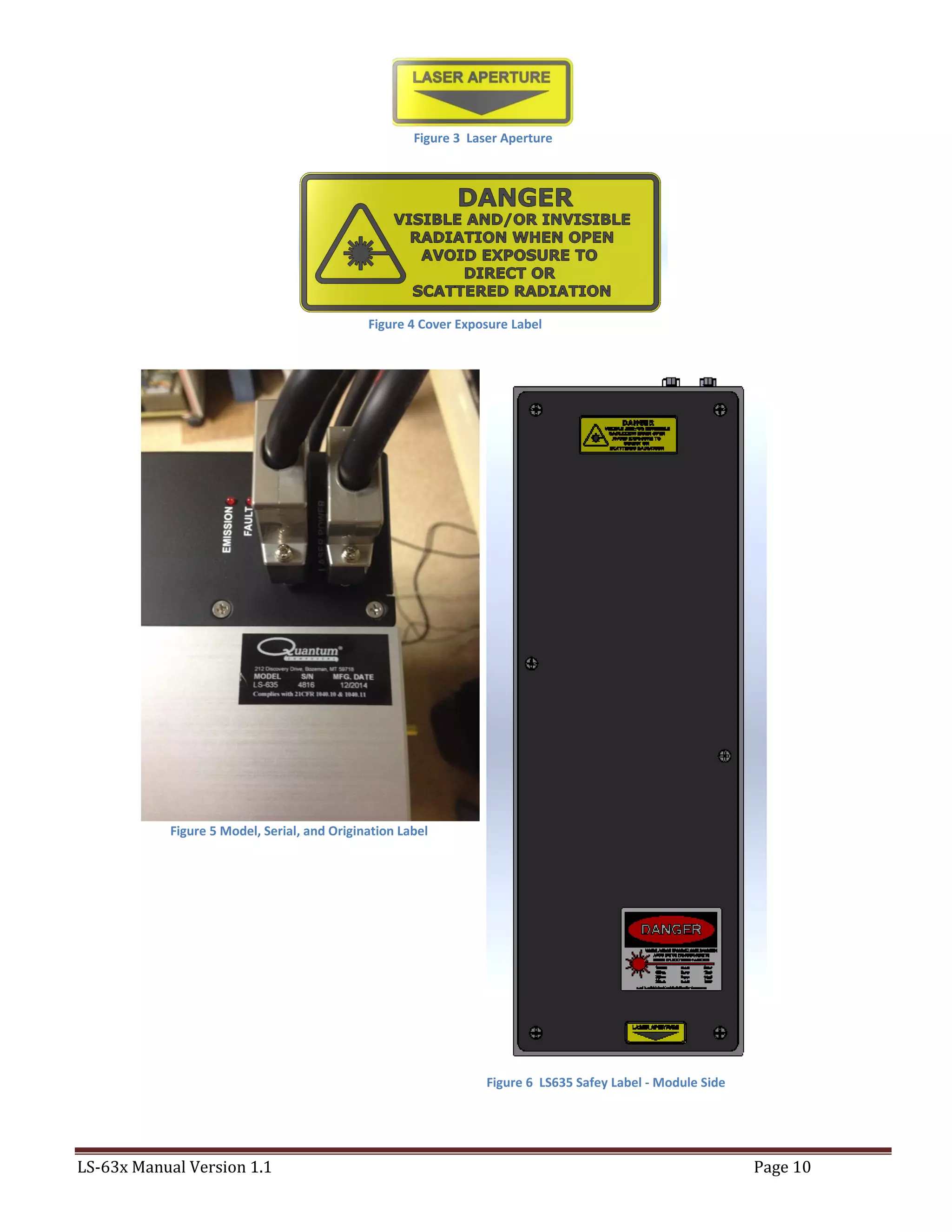 LS-63x Manual Version 1.1 Page 10
Figure 3 Laser Aperture
Figure 4 Cover Exposure Label
Figure 5 Model, Serial, and Origination Label
Figure 6 LS635 Safey Label - Module Side
 