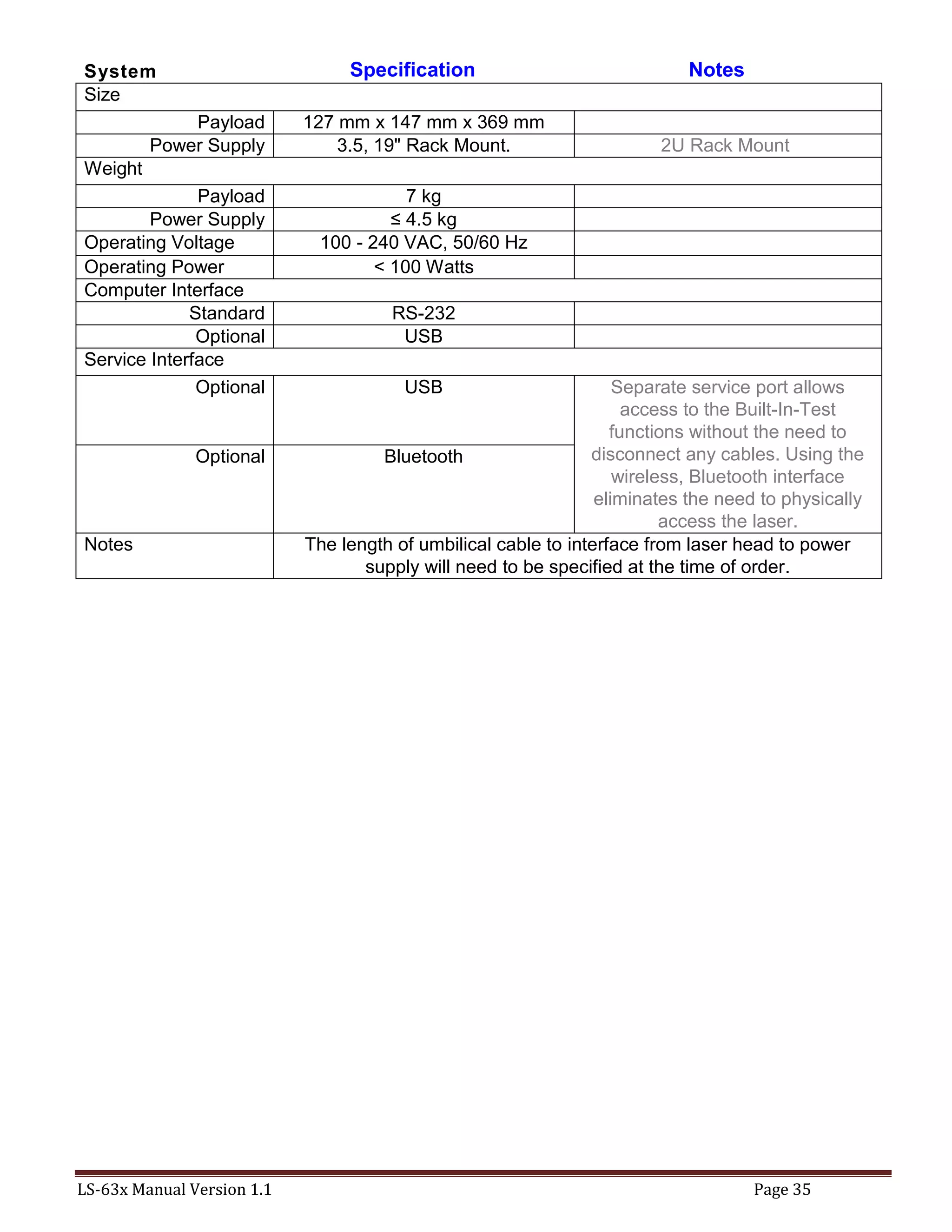 LS-63x Manual Version 1.1 Page 35
System Specification Notes
Size
Payload 127 mm x 147 mm x 369 mm
Power Supply 3.5, 19" Rack Mount. 2U Rack Mount
Weight
Payload 7 kg
Power Supply ≤ 4.5 kg
Operating Voltage 100 - 240 VAC, 50/60 Hz
Operating Power < 100 Watts
Computer Interface
Standard RS-232
Optional USB
Service Interface
Optional USB Separate service port allows
access to the Built-In-Test
functions without the need to
disconnect any cables. Using the
wireless, Bluetooth interface
eliminates the need to physically
access the laser.
Optional Bluetooth
Notes The length of umbilical cable to interface from laser head to power
supply will need to be specified at the time of order.
 