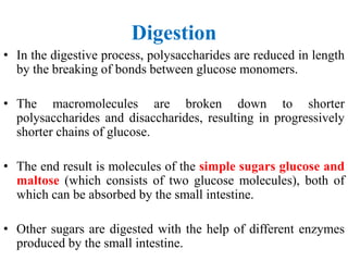 Digestion
• In the digestive process, polysaccharides are reduced in length
by the breaking of bonds between glucose monomers.
• The macromolecules are broken down to shorter
polysaccharides and disaccharides, resulting in progressively
shorter chains of glucose.
• The end result is molecules of the simple sugars glucose and
maltose (which consists of two glucose molecules), both of
which can be absorbed by the small intestine.
• Other sugars are digested with the help of different enzymes
produced by the small intestine.
 