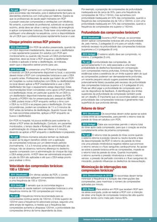 Destaques da Atualização das Diretrizes da AHA 2015 para RCP e ACE 	 9
Por quê: A RCP somente com compressão é recomendada
para socorristas não treinados, pois é relativamente fácil para os
atendentes orientá-los com instruções por telefone. Espera-se
que os profissionais de saúde sejam treinados em RCP
e possam executar compressões e ventilações com eficiência.
No entanto, a prioridade do profissional, sobretudo se atuando
sozinho, ainda deve ser ativar o serviço médico de emergência
e aplicar compressões torácicas. Pode haver circunstâncias que
justifiquem uma alteração na sequência, como a disponibilidade
de um DEA que o profissional possa rapidamente buscar e usar.
Choque primeiro versus RCP primeiro
2015 (Atualizado): Em PCR de adultos presenciada, quando há
um DEA disponível imediatamente, deve-se usar o desfibrilador
o mais rapidamente possível. Em adultos com PCR sem
monitoramento ou quando não houver um DEA prontamente
disponível, deve-se iniciar a RCP enquanto o desfibrilador
é obtido e aplicado e tentar a desfibrilação, se indicada,
assim que o dispositivo estiver pronto para uso.
2010 (Antigo): Ao presenciar uma PCR extra-hospitalar
e havendo um DEA prontamente disponível no local, o socorrista
deverá iniciar a RCP com compressões torácicas e usar o DEA
o quanto antes. Profissionais de saúde que tratem de um PCR
em hospitais ou outras instituições com DEAs ou desfibriladores
no local devem aplicar a RCP imediatamente e usar o DEA/
desfibrilador tão logo o equipamento esteja disponível. Estas
recomendações foram concebidas como apoio à RCP precoce
e à desfibrilação inicial, em particular quando há um DEA ou
um desfibrilador disponível instantes após o ataque da PCR.
Quando a PCREH não for presenciada pelo pessoal do SME,
o SME poderá iniciar a RCP enquanto verifica o ritmo com
o DEA ou no ECG e se prepara para a desfibrilação. Em tais
circunstâncias, podem-se considerar de 1½ a 3 minutos de
RCP antes da tentativa de desfibrilação. Quando houver dois
ou mais socorristas presentes, aplique a RCP enquanto se
busca o desfibrilador.
Em PCR no hospital, há pouca evidência para sustentar ou
refutar a RCP antes da desfibrilação. Contudo, em pacientes
monitorados, o tempo desde a fibrilação ventricular (FV) até
a administração do choque deve ser inferior a 3 minutos,
devendo-se aplicar a RCP enquanto o desfibrilador é preparado.
Por quê: Embora inúmeros estudos tenham se dedicado
a saber se há algum benefício obtido com a aplicação
de compressões torácicas por um determinado período
(normalmente, 1,5 a 3 minutos) antes da administração do
choque, não se observou nenhuma diferença no desfecho
quando comparado com a administração do choque tão logo
o DEA esteja pronto. A RCP deve ser administrada enquanto
as pás do DEA são aplicadas e até que o DEA esteja pronto
para analisar o ritmo.
Velocidade das compressões torácicas:
100 a 120/min*
2015 (Atualizado): Em vítimas adultas de PCR, o correto
é que os socorristas apliquem compressões torácicas
a uma frequência de 100 a 120/min.
2010 (Antigo): É sensato que os socorristas leigos e
profissionais de saúde realizem compressões torácicas a uma
frequência mínima de 100 compressões por minuto.
Por quê: A frequência mínima recomendada para as
compressões continua sendo de 100/min. O limite superior de
120/min para a frequência foi adicionado porque, segundo uma
série ampla de registros, à medida que a frequência das
compressões aumenta e ultrapassa 120/min, a profundidade das
compressões diminui de forma dependente da dose.
Por exemplo, a proporção de compressões de profundidade
inadequada era de cerca de 35%, para uma frequência de
compressões de 100 a 119/min, mas aumentava com
profundidade inadequada em 50% das compressões, quando a
frequência das compressões era de 120 a 139/min, e com uma
profundidade inadequada em 70% das compressões, quando a
frequência de compressões era superior a 140/min.
Profundidade das compressões torácicas*
2015 (Atualizado): Durante a RCP manual, os socorristas
devem aplicar compressões torácicas até uma profundidade
de, pelo menos, 2 polegadas (5 cm) para um adulto médio,
evitando excesso na profundidade das compressões torácicas
(superiores a 2,4 polegadas (6 cm)).
2010 (Antigo): O esterno adulto deve ser comprimido, no
mínimo, 2 polegadas (5 cm).
Por quê: A profundidade das compressões, de
aproximadamente 5 cm, está associada a uma maior
probabilidade de desfechos favoráveis em comparação
com compressões menos profundas. Embora haja menos
evidências sobre a existência de um limite superior além do qual
as compressões poderiam ser demasiadamente profundas,
um recente pequeno estudo sugere possíveis lesões (não
potencialmente fatais) causadas pelo excesso de profundidade
das compressões torácicas (superior a 2,4 polegadas (6 cm).
Pode ser difícil julgar a profundidade de compressão sem o
uso de dispositivos de feedback. A identificação dos limites
superiores da profundidade de compressão também pode
ser um desafio. É importante que os socorristas saibam que a
profundidade das compressões torácicas é geralmente mais
superficial do que profunda demais.
Retorno do tórax*
2015 (Atualizado): Os socorristas devem evitar apoiar-se sobre
o tórax entre as compressões, para permitir o retorno total da
parede do tórax em adultos com PCR.
2010 (Antigo): Cabe aos socorristas permitir o retorno total
do tórax após cada compressão, para que o coração se encha
completamente antes da próxima compressão.
Por quê: O retorno total da parede do tórax ocorre quando
o esterno retorna à posição natural ou neutra durante a fase
de descompressão da RCP. O retorno da parede do tórax
cria uma pressão intratorácica negativa relativa que promove
o retorno venoso e o fluxo sanguíneo cardiopulmonar. Ao apoiar-
se sobre a parede torácica entre as compressões, impede-se
o retorno total da parede do tórax. Quando incompleto,
o retorno aumenta a pressão intratorácica e reduz o retorno
venoso, a pressão de perfusão coronária e o fluxo sanguíneo do
miocárdio, podendo influenciar os desfechos da ressuscitação.
Minimização de interrupções nas
compressões torácicas*
2015 (Reconfirmação de 2010): Os socorristas devem tentar
minimizar a frequência e a duração das interrupções das
compressões, para maximizar o número de compressões
aplicadas por minuto.
2015 (Novo): Para adultos em PCR que recebem RCP sem
via aérea avançada, pode-se realizar a RCP com a intenção
de obter uma fração de compressão torácica tão alta quanto
possível, tendo como meta pelo menos 60%.
	 Destaques da Atualização das Diretrizes da AHA 2015 para RCP e ACE 	 9
 