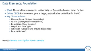 Data Elements: Foundation
• What: The smallest meaningful unit of data → Cannot be broken down further
• Define ONCE: Each element gets a single, authoritative definition in the DD
• Key Characteristics
◦ Element Name (Unique, descriptive)
◦ Aliases (Synonyms used elsewhere)
◦ Description (Clear meaning)
◦ Length and Data Type
◦ Validation Rules (How to ensure it is correct)
◦ Base or Derived?
Demo: Element Description Form Example
The Data Repository
10/24
 