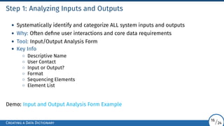 Step 1: Analyzing Inputs and Outputs
• Systematically identify and categorize ALL system inputs and outputs
• Why: Often define user interactions and core data requirements
• Tool: Input/Output Analysis Form
• Key Info
◦ Descriptive Name
◦ User Contact
◦ Input or Output?
◦ Format
◦ Sequencing Elements
◦ Element List
Demo: Input and Output Analysis Form Example
Creating a Data Dictionary
16/24
 