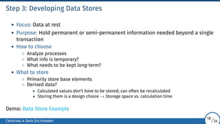 Step 3: Developing Data Stores
• Focus: Data at rest
• Purpose: Hold permanent or semi-permanent information needed beyond a single
transaction
• How to choose
◦ Analyze processes
◦ What info is temporary?
◦ What needs to be kept long-term?
• What to store
◦ Primarily store base elements
◦ Derived data?
• Calculated values don’t have to be stored; can often be recalculated
• Storing them is a design choice → Storage space vs. calculation time
Demo: Data Store Example
Creating a Data Dictionary
18/24
 