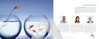 Accessibilité Collaboration Innovation
Comité de Direction
La réussite d’Accessa Group repose sur l’excellence de ses
collaborateurs, désormais réunis par une même vision, une
stratégie claire et des valeurs communes visant à atteindre des
objectifs définis et précis. Pour y arriver, le comité de direction
assure la gestion de l’entreprise et prend les décisions essentielles
au développement des activités pour une croissance profitable et
durable, tout en œuvrant en collaboration avec le personnel et les
partenaires.
Sara VINAY
7
Bernard BOUTIN
Sara a commencé sa carrière en tant que commer-
ciale représentant une grande société de courrier
internationale.Elledevient,parlasuite,responsable
de la clientèle au sein d’une entreprise opérant
dans le secteur des équipements
industriels et hôteliers. Durant les quatre
dernières années, grâce à ses
compétences, Sara a assumé les fonctions de
coordonnatrice des opérations et des ventes
dans une société appartenant à un des grands
groupes du pays.
Bernard a débuté dans la télécommunication et
les systèmes de vidéo-surveillance. Par la suite,
c’est à Londres qu’il part étudier l’ingénierie
électronique. Pendant son séjour, en Angleterre,
il travaille comme technicien en électricité
auprès de plusieurs entreprises britanniques, ce
qui lui permet d’être à jour avec les nouvelles
technologies en Europe. Depuis 2004,
Bernard a travaillé avec les produits Toshiba et a
été le directeur de Wiring Solutions Ltd.
Jean est un senior technician très connu
dans le secteur industriel. Il a travaillé
notamment aux Terres Australes et
Antarctiques Françaises, aux Comores et
en France avant de s’installer à Maurice.
Durantlesvingt-cinqdernièresannées,ilaété
impliqué dans le montage de deux centrales
thermiques bagasse-charbon et a occupé
le poste de responsable de production. En
tant que senior consultant, son expérience
et son apport sont considérables.
Jean BOUTIN
 