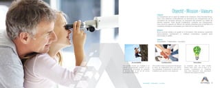 Objectif - Mission - Valeurs
9
Objectif
Le changement est un signe de vitalité et de croissance. Chez Accessa Group,
nous nous évaluons continuellement et répondons aux changements par la
conception de nouveaux services, en proposant des produits qui ciblent les
besoins présents. Cette faculté d’adaptation constante aux changements,
nous donne la capacité de réfléchir de manière intégrante avec la rapidité et la
souplesse stratégique nécessaires pour atteindre les objectifs fixés.
Mission
Nous sommes dédiés à la qualité et à l’innovation. Nos solutions, hautement
personnalisées, représentent la meilleure combinaison possible entre
technologie et qualité.
Valeurs
Accessibilité - Collaboration - Innovation.
Une société ouverte qui s’adapte à un
marché en perpétuelle mutation et qui
transforme la technologie en solutions
et services dans le but de les rendre
accessibles à nos clients.
Une société moderne qui épouse et développe
la notion de collaboration avec nos clients,
nos partenaires, le personnel, la direction, en
s’adaptant aux besoins et aux exigences.
Le troisième pilier de notre société
oriente notre vision vers le futur et le
progrès. L’expérience et l’expertise
dont nous disposons nous permettent
d’aborder des projets innovants.
Accessibilité Collaboration Innovation
Accessibilité Collaboration Innovation
 