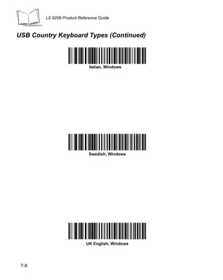 LS 9208 Product Reference Guide



USB Country Keyboard Types (Continued)



                             Italian, Windows




                             Swedish, Windows




                           UK English, Windows




 7-8
 