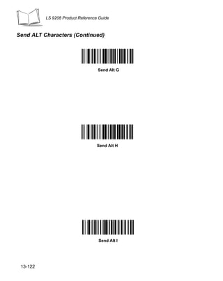 LS 9208 Product Reference Guide



Send ALT Characters (Continued)




                                   Send Alt G




                                   Send Alt H




                                   Send Alt I




 13-122
 