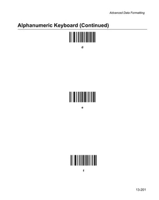 Advanced Data Formatting



Alphanumeric Keyboard (Continued)



                       d




                       e




                       f




                                                      13-201
 