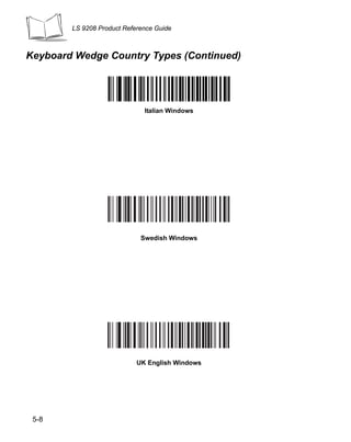 LS 9208 Product Reference Guide



Keyboard Wedge Country Types (Continued)




                              Italian Windows




                             Swedish Windows




                            UK English Windows




 5-8
 