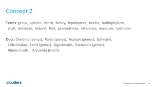 36© Cloudera, Inc. All rights reserved.
Concept 2
Terms: genus, species, moth, family, lepidoptera, beetle, bulbophyllum,
snail, database, natural, find, geometridae, reference, museum, noctuidae
Docs: Chelonia (genus), Palea (genus), Argiope (genus), Sphingini,
Cribrilinidae, Tahla (genus), Gigartinales, Parapodia (genus),
Alpina (moth), Arycanda (moth)
 