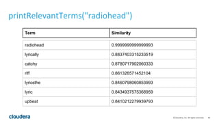 40© Cloudera, Inc. All rights reserved.
printRelevantTerms("radiohead")
radiohead 0.9999999999999993
lyrically 0.8837403315233519
catchy 0.8780717902060333
riff 0.861326571452104
lyricsthe 0.8460798060853993
lyric 0.8434937575368959
upbeat 0.8410212279939793
Term Similarity
 