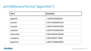 41© Cloudera, Inc. All rights reserved.
printRelevantTerms("algorithm")
algorithm 1.000000000000002
heuristic 0.8773199836391916
compute 0.8561015487853708
constraint 0.8370707630657652
optimization 0.8331940333186296
complexity 0.823738607119692
algorithmic 0.8227315888559854
Term Similarity
 