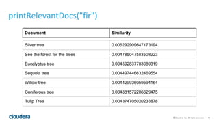 44© Cloudera, Inc. All rights reserved.
printRelevantDocs("fir")
Silver tree 0.006292909647173194
See the forest for the trees 0.004785047583508223
Eucalyptus tree 0.004592837783089319
Sequoia tree 0.004497446632469554
Willow tree 0.004429936059594164
Coniferous tree 0.004381572286629475
Tulip Tree 0.004374705020233878
Document Similarity
 