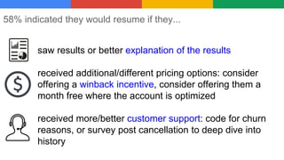 58% indicated they would resume if they...
● saw results or better explanation of the results
● received additional/different pricing options: consider
offering a winback incentive, consider offering them a
month free where the account is optimized
● received more/better customer support: code for churn
reasons, or survey post cancellation to deep dive into
history
 