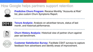 How Google helps partners support retention
Predictive Churn Program: Receive Monthly “Accounts at Risk”
list, plus custom Churn Symptoms Report.
Tenure Analysis: Analysis on advertiser tenure, status of last
month, and historical performance.
Churn History Analysis: Historical view of partner churn against
peer set benchmark.
Customer Satisfaction Survey: Facilitate CSAT surveys to capture
feedback from advertisers and identify areas of improvement.
 