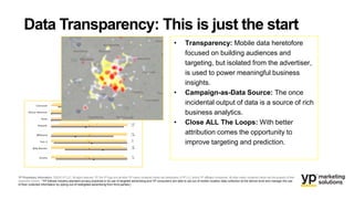 Data Transparency: This is just the start
YP Proprietary Information: ©2016 YP LLC. All rights reserved. YP, the YP logo and all other YP marks contained herein are trademarks of YP LLC and/or YP affiliated companies. All other marks contained herein are the property of their
respective owners. *YP follows industry-standard privacy practices in its use of targeted advertising and YP consumers are able to opt out of mobile location data collection at the device level and manage the use
of their collected information by opting-out of retargeted advertising from third parties.]
• Transparency: Mobile data heretofore
focused on building audiences and
targeting, but isolated from the advertiser,
is used to power meaningful business
insights.
• Campaign-as-Data Source: The once
incidental output of data is a source of rich
business analytics.
• Close ALL The Loops: With better
attribution comes the opportunity to
improve targeting and prediction.
 